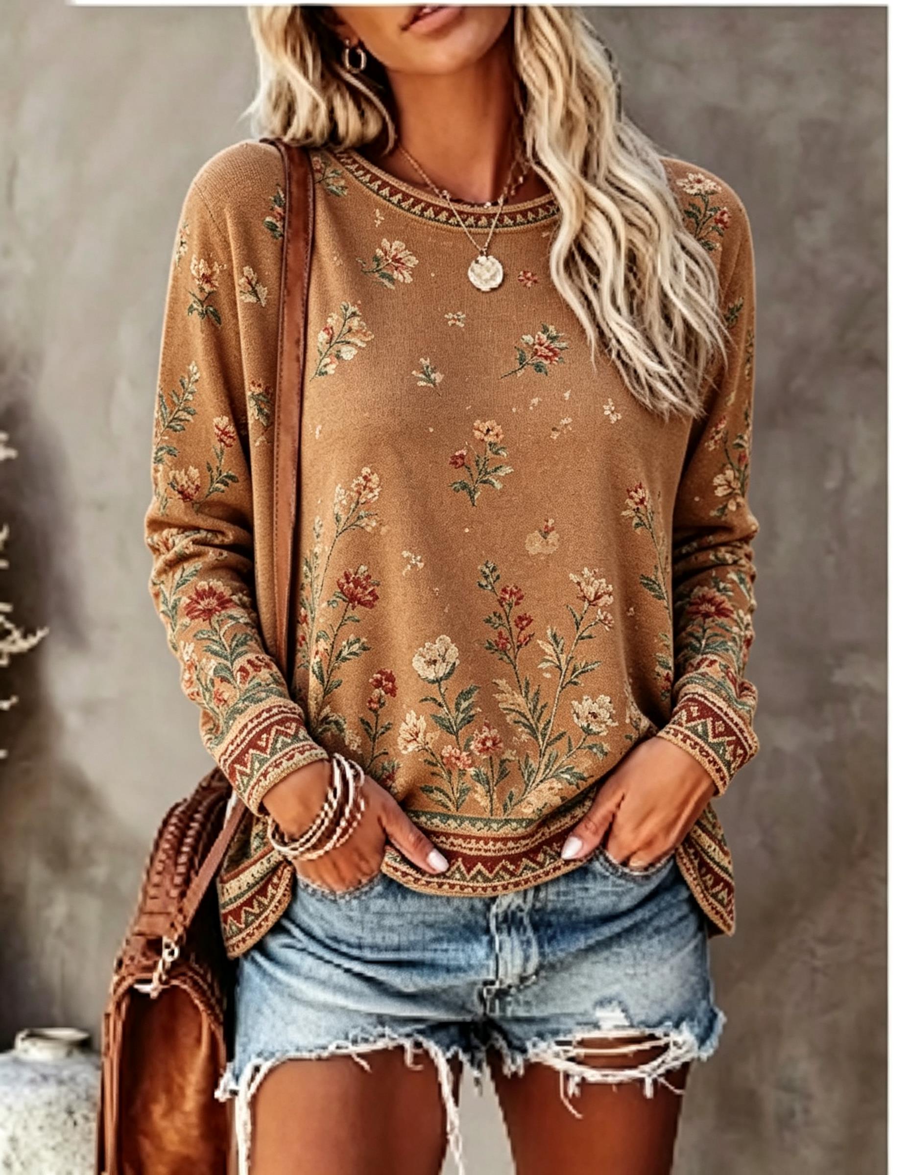 Blouses - Женская футболка с круглым вырезом и