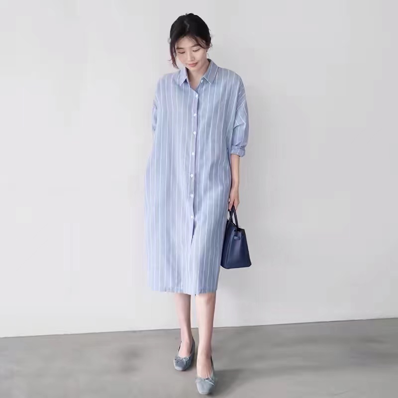 Korean Style A Line Shirt Dress - Синее полосатое платье-рубашка женское, свободное, повседневное,