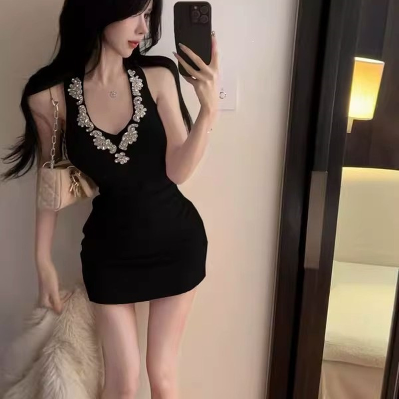 Sparkly Rhinestone Club Party Dress - Сексуальное черное мини-платье с одним плечом,