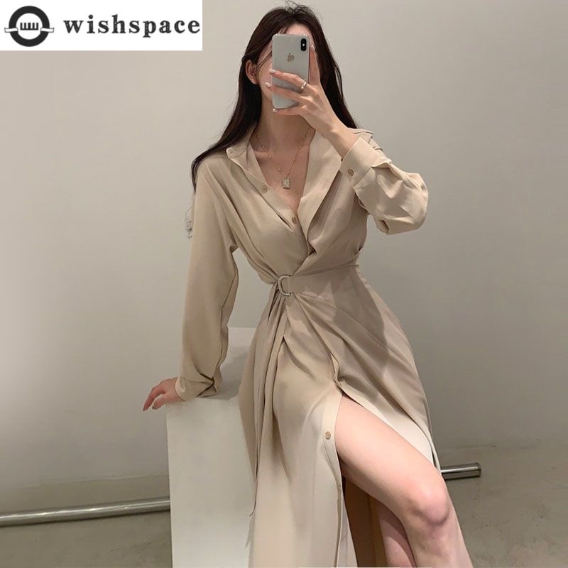 Стильное платье-рубашка с длин – обзор и цена Korean Style A Line Shirt Dress