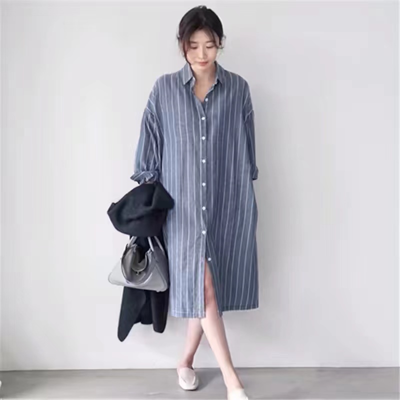 Синее полосатое платье-рубашка – обзор и цена Korean Style A Line Shirt Dress