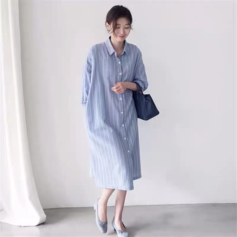 Синее полосатое платье-рубашка – обзор и цена Korean Style A Line Shirt Dress