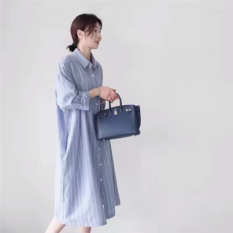 Синее полосатое платье-рубашка – обзор и цена Korean Style A Line Shirt Dress